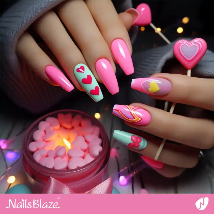 Neon Valentine Nails with Heart Candy Design | Valentine Nails - NB2297
